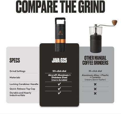 VSSL Java G25 Manual Coffee Grinder | Coffee for Camping | Bean Grinder | Travel Pour Over | Stainless Steel Conical Burr | ~ 25 Gram Capacity | Extendable Grind Handle | 50 Grind Settings | Carbon