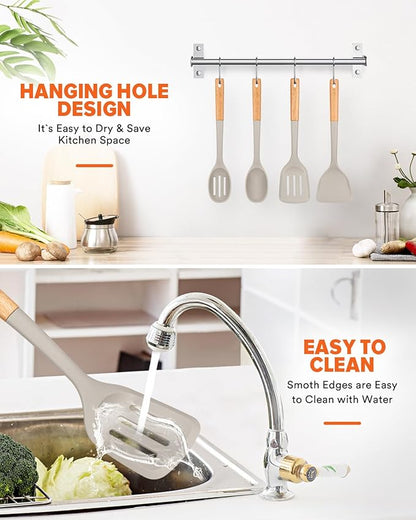 Silicone Cooking Utensils Set, Perfectly Angled for Frying, Mixing,Serving,Draining,Turning and Stirring, BPA-Free Matte Silicone, Wood Handles, Safe for Nonstick Cooking Surfaces,4 Pack (Khaki)