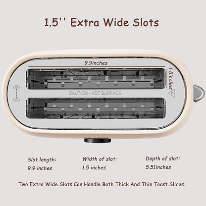 Toaster 4 Slice, KOTlAN Retro Long Slot Toasters with CountdownTimer,Stainless Steel Toaster,Bagel,Defrost,Reheat,Cancel Functions,Extra Wide Slots,6 Toast Settings,Removable Crumbs Tray,White