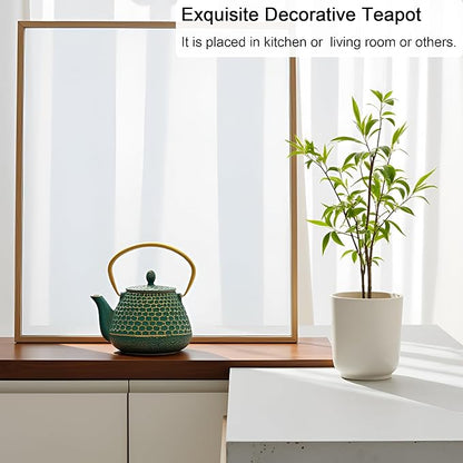 YJX Cast Iron Teapot and Tea Cups Set, 33.8oz Hexagon Pattern Tea Set with Cups and Cup Mats, Enameled Tea Kettle for Stovetop, Durable Tea Pot Set with Stainless Steel Infuser for Loose Leaf