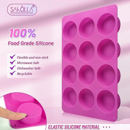 Sakolla 3 Pcs Round Chocolate Cookie Molds, 12-Cavity Cylinder Silicone Molds for Chocolate Covered Oreos, Cake, Candy, Pudding, Mini Soap (2 Rose Red+1 Blue)