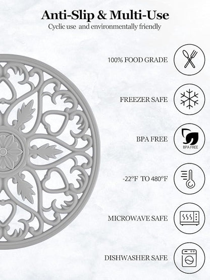 SMARTAKE 6 Set Silicone Trivets, Multi-Use Carved Trivet, Insulated Non-Slip Durable Kitchen Mat, Flexible Modern Kitchen Table Mat, for Hot Dishes, Pots, Dining Countertop, Grey