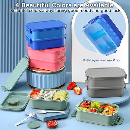 DaCool Bento Box Adults Lunch Container - 74 OZ Stackable Leakproof Bento Lunch Box for Adults Men Boys Teens Large Lunch Box Containers with Fork Spoon Sauce Boxes for Work School Dining Out, Blue