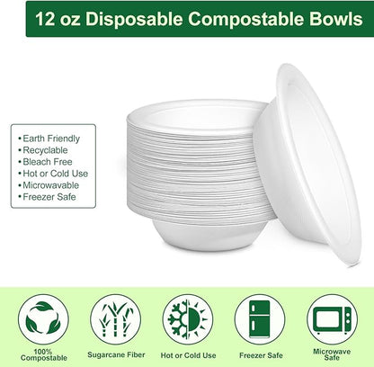 Paper Bowls 12oz, Disposable Bowls Heavy Duty, 50-Pack 100% Compostable Disposable Soup Bowl, Biodegradable Bagasse Paper Bowls Bulk for Party, Camping, Birthday, Festivals-White