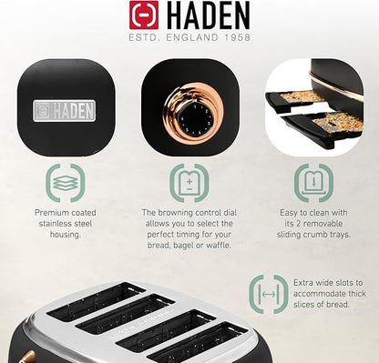 Haden Heritage 4 Slice Wide Slot Stainless Steel Toaster Bundled with 1.7 Liter Stainless Steel Electric Water Kettle, Black & Copper