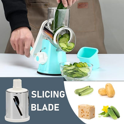 KEOUKE Rotary Cheese Grater Hand Crank Light Blue - Shredder Slicer Grinder 3 Stainless Steel Blades, Stable Suction, Labor-Saving Handle, Safe Kitchen Tool for Cheese, Vegetable, Nuts, Chocolate