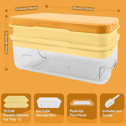 Satax Silicone & Plastic Ice Cube Trays with Lids and Bin - Durable, BPA-Free, Easy Release, Perfect for Cocktails, Coffee & More (2, yellow)