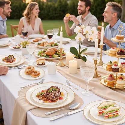 bUCLA 100PCS Ivory Plastic Plates with Gold Rim - Heavy Duty Cream Disposable Include 50 Dinner 10 inch & 50 Dessert 7 inch, for Party & Thanksgiving