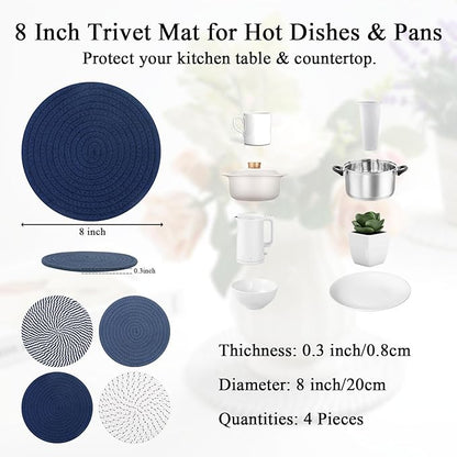 SHACOS 8 Inches Trivets for Hot Dishes, 4 Pieces Cotton Trivets Mats for Kitchen, Hot Pads for Countertops and Table, Heat-Resistant Pot Holders for Hot Pots and Pans(Blue, 4pcs)