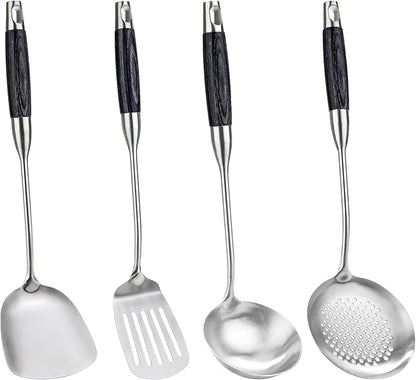 FJNATINH Wok Spatula Set of 4, Spatula Slotted Turner, Soup Ladle, Slotted Spoon for Cooking Utensils with Wooden Handle, Kitchen Stainless Steel Spatulas Cooking Spoons