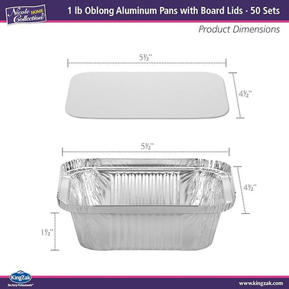 Nicole Home Collection Aluminum Pans With Lids - 50 Count - 1LB Oblong Pans (5"x4")- To Go Containers With Lids - Disposable Tin Foil Pans - Perfect For Catering, Meal Prep, Baking, Freezer Safe