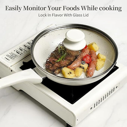 Ceramic Nonstick Frying Pan Set - White Pans With Lids, Induction Skillets for Eggs & Omelets, Healthy No Toxic Cookware, PFOA&PFAS Free