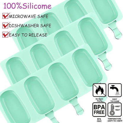 3pcs Large Silicone Popsicle Molds Set,BZIDII 4 Cavities Cake Pop Molds,Oval Ice Cream Bar Mold Ice Pop Cakesicle Molds Silicone with 100 Wooden Sticks & 100 Bags &100 Twist Ties(Green)