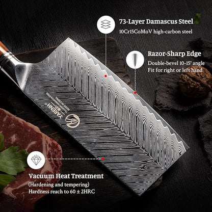 YARENH Professional Chef Knife, Cleaver Knife 7 Inch, 73 Layers Damascus Stainless Steel, Full Tang Natural Sandalwood Handle, with Gift Box