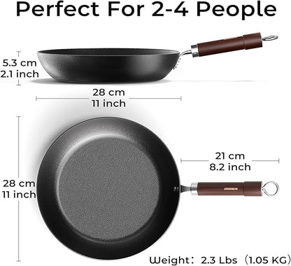 Carbon Steel Frying Pan, Pre-Seasoned 11-Inch Cooking Skillet Wooden Handle, PFAS & PFOA-Free, Nitrided Black Fry Pan for Kitchen, Camping, Chef Use