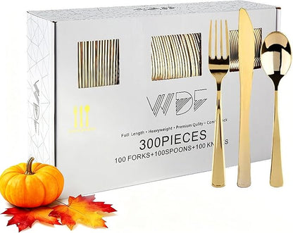WDF300 Pieces Gold Plastic Silverware - Heavy Duty Disposable Cutlery Set Plastic Gold Silverware Set Includes 100 Forks, 100 Spoons, 100 Knives for Party/Thanksgiving