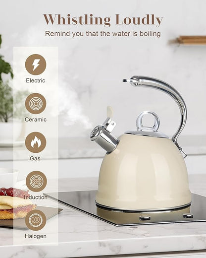 Harriet Tea Kettle Stovetop, 2.5 Quart Whistling Stainless Steel Tea Pot, 3-Layer Base, Unique Ergonomic Handle, Includes Pot Holder & Mat, Electric/Induction/Gas Stovetops Applicable, Beige White