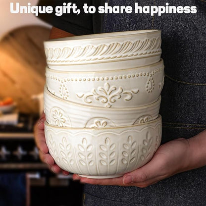 Artena Soup Bowls 32 OZ, Cereal Bowls Set of 4, Embossment Ceramic Ramen Bowl, 6.3 Inch White Salad Bowls, Large Dinner Bowl for Pho, Noodle, Pasta, Snack, Dishwasher Microwave Safe, Multiple Patterns