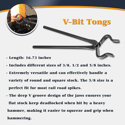 Blacksmith Knife Making Tongs Set - 3/8" 1/2" 5/8" V-Bit, 1/4 Flat Jaw, Pick Up, Scroll - Assembled Blacksmithing Bladesmith Steel Forge Tongs (6PCS)