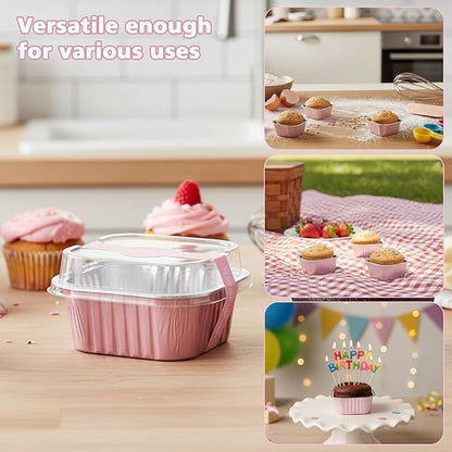Ruckae 5oz 100 Pcs Square Mini Loaf Pans with Lids-Disposable Foil Dessert Containers,Mini Cake Pans with Lids,Aluminum Dessert Cups for Parties and Weddings (Pink, 5oz)