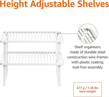 Amazon Basics Stackable Metal Kitchen Storage Shelves for Dishes, 12.5" L x 8" D x 4.5" H, Set of 2, White
