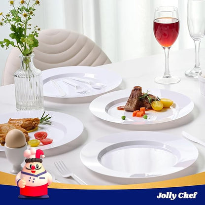 JOLLY CHEF 100 Pieces White Plastic Plates-10 Inch Elegant Disposable Plastic Plate, Disposable White for Weddings,Parties,Dinner,Birthdays and Events