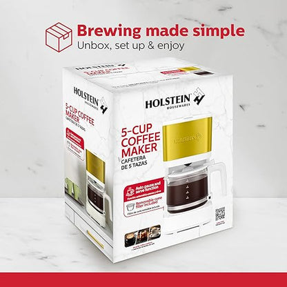Holstein Housewares 5 Cup Coffee Maker – Compact Drip Coffee Machine with Auto Pause & Serve, Reusable Filter, Glass Carafe, Water Window & Warming Plate. White & Gold