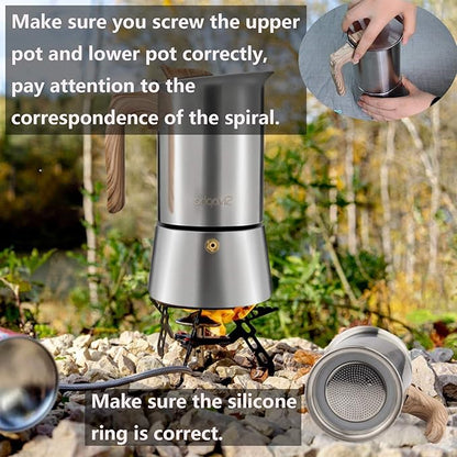 Sivaphe Stovetop Espresso Maker Stainless Steel 9 Cups, Induction-Capable Mocha Pot 450ml, Coffee Percolator with Replacement Silicone Gasket Steel Filter and Instructions (1 Cup=50ml)