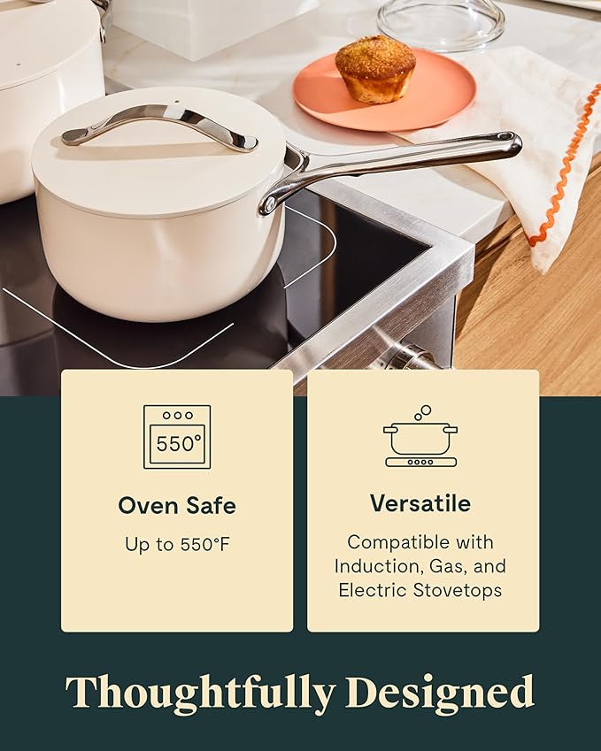 Caraway Nonstick Ceramic Sauce Pan with Lid (1.75 qt) - Non Toxic, PTFE & PFOA Free - Oven Safe & Compatible with All Stovetops (Gas, Electric & Induction) - Perracotta