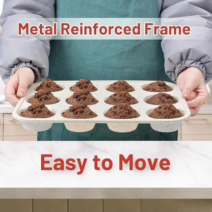 Silicone Muffin Pan, Metal Reinforced Frame Cupcake Pan 12 Cups Regular Size Easy to Move in or Out of Oven Non-Stick (1)