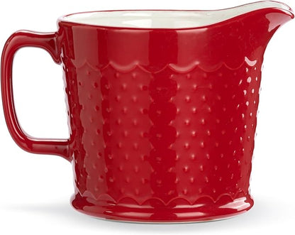 DEMDACO Baking Holiday Memories Rosy Red, White 32 Ounce, 6 x 5 Inch Ceramic Stoneware Festive Christmas Kitchen Countertop Accessory Décor, Polka Dots, Pouring Measuring Cup, Cupful of Merry