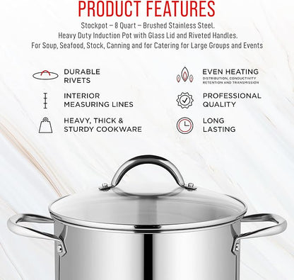 Stainless Steel Stockpot with Tempered Glass Lid 8 Quart, Durable 18/0 Stainless Steel, Impact-Bonded Base for Even Heating, Riveted Handles, Oven & All Stove Compatible, Safe Up To 500°F (260°C)