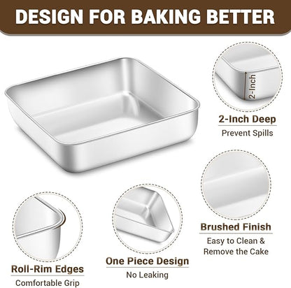 6,8,9 Inch Square Cake Pan Set of 3 - Non-Toxic Stainless Steel Brownie Pan, Heavy Duty & Dishwasher Safe, One Piece Design, Ideal Square Baking Pan for All Cakes & Multiple Purpose