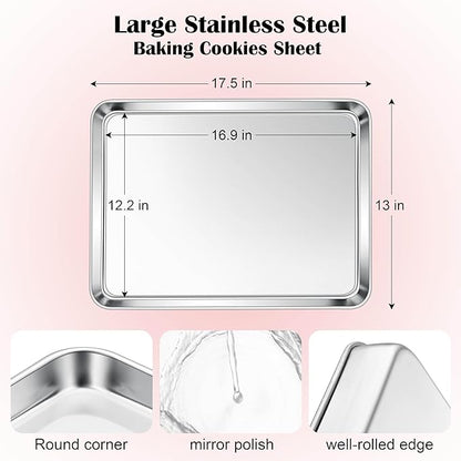 E-far Cookie Sheet for Baking, 18”x13” Stainless Steel Baking Sheet Pan for Oven, Large Non Toxic Metal Baking Tray for Cake Cookies, Healthy & Rust Free, Mirror Finish & Dishwasher Safe, 1 Pack