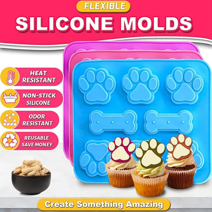 3Pcs Puppy Paw & Bone Silicone Molds - Non-Stick Candy Mold, Reusable Ice Cube Molds for Frozen Dog Treats, Chocolate, Jelly, Biscuit - Food Grade 2-in-1 Dog Treat Mold for Baking and Freezing