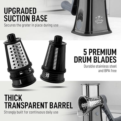Zulay Kitchen Rotary Cheese Grater 5 Blade Cheese Shredder - Manual Hand Crank Cheese Grater With Reinforced Suction & 5 Interchangeable Drums - Easy to Use, Vegetable Chopper Round Mandoline Slicer