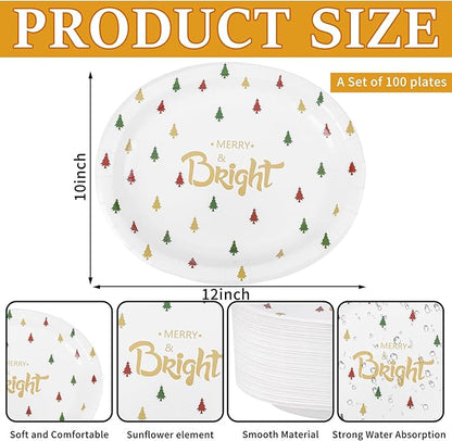 WDF 100 Pack Christmas Paper Plates - 10" x 12"Disposable Christmas Plates Disposable with Christmas Trees-Large Oval Paper Plates Heavy Duty- Party Plates for Christmas