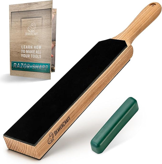BeaverCraft Leather Strop for Knife Sharpening - Dual-Sided Knife Strop with Stropping Compound Kit - Honing Strop Block 14" for Woodcarving Tools, Chisel Knife Sharpening Kit Leather Sharpener LS6P1