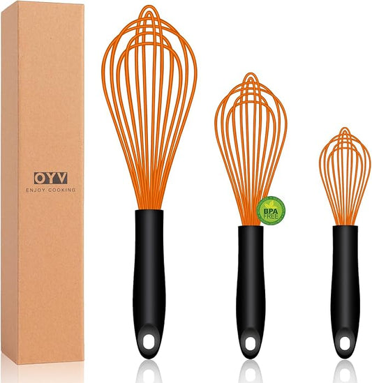 Dishwasher Safe Orange Silicone Whisk, Sealed Waterproof Design Set of 3, Professional Kitchen Whisks for Cooking Non-Scratch, Silicone&Stainless Steel Whisk, Heat Resistant Plastic wisk, BPA free