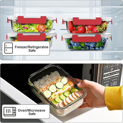 VERONES 10 Pack 22 OZ Glass Meal Prep Containers, Airtight Glass Lunch Containers Set, Glass Food Storage Containers with Lids,Exclusive of BPA, for Microwave, Oven, Freezer & Dishwasher Friendly,Red