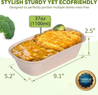 37 Oz Bamboo Disposable Food Containers, 50 Pack - Heavy Duty, Microwavable, Oven Safe - Perfect For Meal Prep, Salads, Lunch, To Go Food - Biodegradable (Brown)