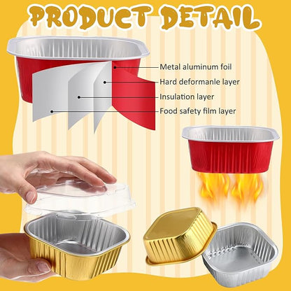 Aoriher 150 Pieces 10 oz Mini Cake Pans with Lids Aluminum Foil Baking Cups Square Disposable 4" x 4" Large Cupcake Cups Baking Tins for Kitchen Brownie Pudding Desserts Holders(Multicolor)