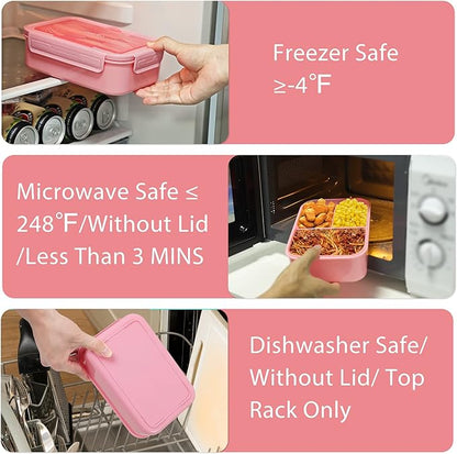 Caperci Classic Bento Box Adult Lunch Box for Older Kids - Leakpoof 47 oz 3-Compartment Lunch Containers for Adults and Teens, Built-in Utensil Set, Ideal for On-the-Go Balanced Eating, Pink