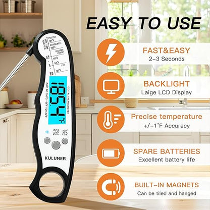 KULUNER TP-01 Waterproof Digital Instant Read Meat Thermometer with 4.6 Folding Probe Backlight Calibration Function for Cooking Food Candy, BBQ Grill, Liquids,Beef(White)