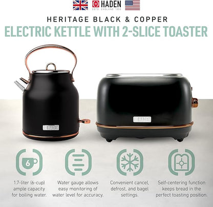 Haden Heritage 1.7 Liter Stainless Steel Electric Water Kettle Bundled with 2 Slice Wide Slot Stainless Steel Toaster, Black & Copper