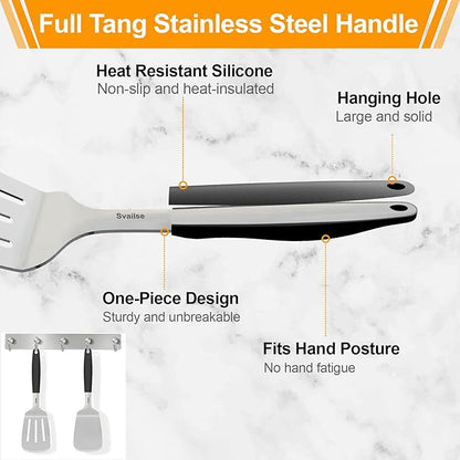13.4 in Stainless Steel Spatula Set of 2, Heavy Duty Solid & Slotted Metal Spatula with Silicone Handle for Cast Iron Skillet, Egg, Burger and Grilling, Large