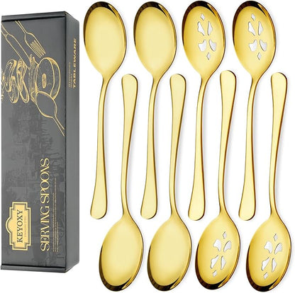 8 Piece Stainless Steel Serving Spoon Set - 4 Large, 4 Slotted,Dishwasher Safe,10-Inch,Gold, for Parties/Kitchen/Buffet/Catering