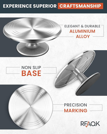 RFAQK 50PCs Cake Decorating Supplies Kit with 12" Aluminum Rotating Cake Turntable Stand, Professional Leveler, Straight & Offset Spatulas, 12 Numbered Icing Tips & Bags