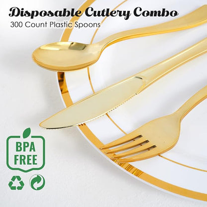 FOCUSLINE 300 Pack 6.8" Disposable Gold Plastic Spoons, Solid and Durable Plastic Cutlery Spoons, Heavy Duty Disposable Utensil Silverware for Catering, Parties, Dinners, Weddings