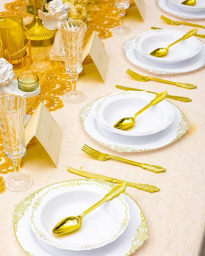 50 Pack White Plastic Bowls with Gold Rim, 12oz Disposable Soup Bowl, Heavy Duty Dinner Bowls for Party, Weddings, Dinners, Catering and Everyday Use
